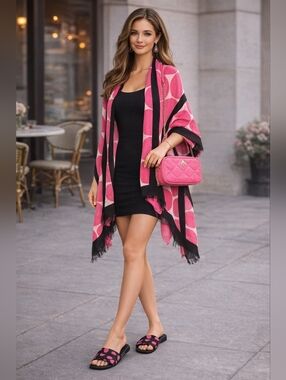 Kate Spade Deborah Dot Scarf Poncho Wrap Pink Black Polka Dot Fringe Shawl